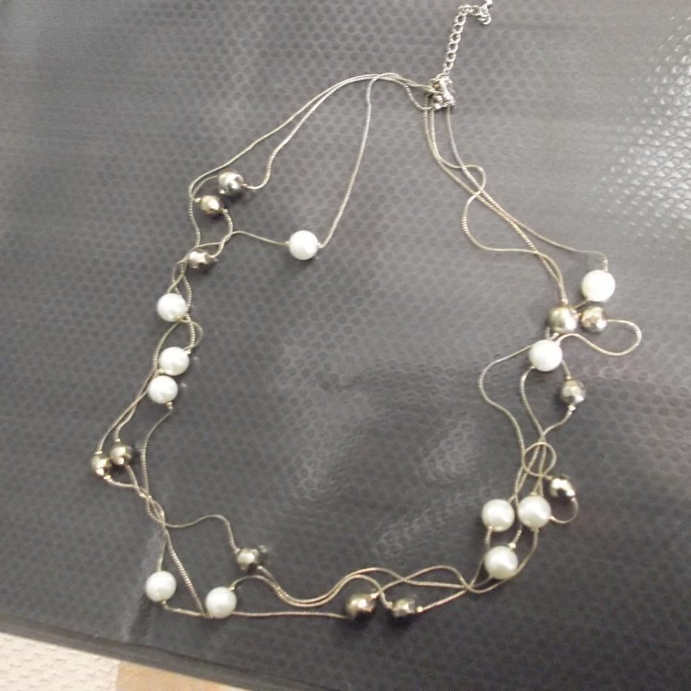 Faux Pearl Gold Bead Three Strand Necklace